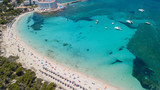 Fototapeta Na sufit - Colonia Sant Jordi, Mallorca Spain. Amazing drone aerial landscape of the charming Estanys beach. Caribbean colors, green and blue