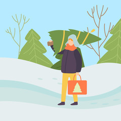 Wall Mural - Man Wearing Warm Clothes Carrying Christmas Tree On His Shoulder in Winter Landcape Vector Illustration