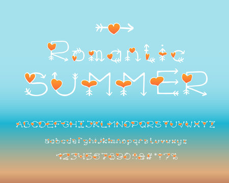 Romantic Alphabet with arrows and hearts. Vector letters and numbers