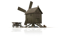 Wooden Windmill With Reflections - Separated On White Background