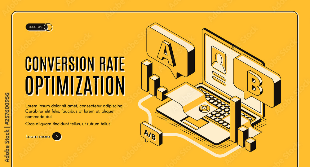 Conversion rate optimization online service isometric vector web banner with A B split testing results on laptop screen illustration. Internet marketing, e-commerce seo startup landing page template - obrazy, fototapety, plakaty 