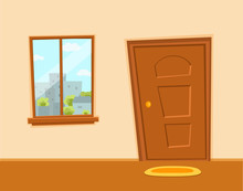 Window And Door Cartoon Colorful Vector Illustration With Urban City Architecture Buildings Landscape