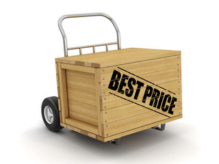 Poster - Wooden crate with Best price on Hand Truck. Image with clipping path