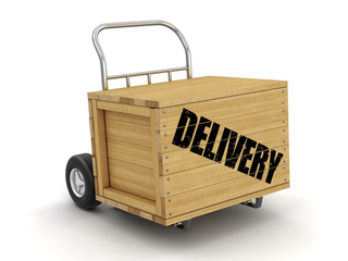Poster - Wooden crate with Delivery on Hand Truck. Image with clipping path