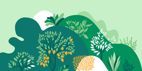 Hilly landscape with trees, bushes and plants. Growing plants and gardening. Protection and preservation of the environment. Earth Day. Vector illustration.