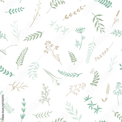 Seamless pattern from colored leaves, twigs and garden herbs. Vector background.