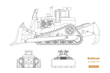 © shaineast - Bulldozer in outline style. Front, side and back view of digger. Building machinery image. Industrial isolated drawing of dozer. Diesel vehicle blueprint
