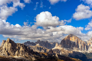 Wall Mural - Colorful scenic view of majestic Dolomites mountains in Italian Alps. Landscape photo of colorful trees and rocky mountains in the the Italian Dolomites during autumn time.