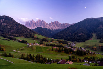 Wall Mural - Santa Maddalena village with magical Dolomites mountains in background, Val di Funes valley, Trentino Alto Adige region, Italy, Europe. Night view of dramatic Italian Dolomites landscape.