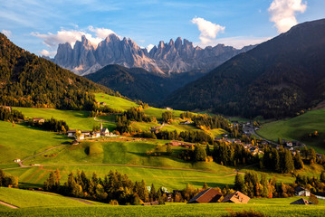Wall Mural - Santa Maddalena village with magical Dolomites mountains in background, Val di Funes valley, Trentino Alto Adige region, Italy, Europe