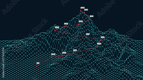 Fotomural Cyberspace grid 3d technology wireframe landscape, Climbing route to the top mou