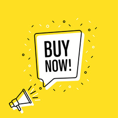 Wall Mural - male hand holding megaphone with buy now speech bubble. loudspeaker. banner for business, marketing 