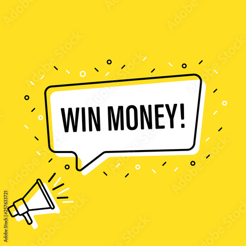 Cuadros en Lienzo Male hand holding megaphone with win money speech bubble