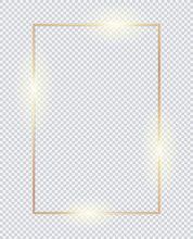 3D Vertical Golden Frame. Gold Transparent Box On White Background.  Golden Borders, Vector Framework, Banner, Metal Glowing Thin Lines.  Geometric Shape Forms.