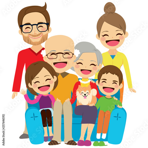 Extended family sitting on couch smiling happy together