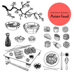 illustration set of asian food. vector sketch with hands drawn traditional japanese food sushi