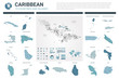 © Анна Тощева - Vector maps set.  High detailed 19 maps of Caribbean countries with administrative division and cities. Political map, map of Caribbean region, world map, globe, infographic elements.