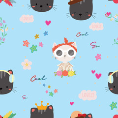 Wall Mural - Cute cat seamless pattern background, t-shirt, card. Vector