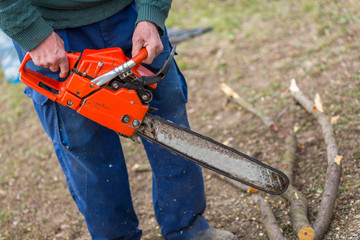 Wall Mural - Old man holding orange chainsaw with his bare hands and cutting a branch placed on the ground. Orange chainsaw in action.