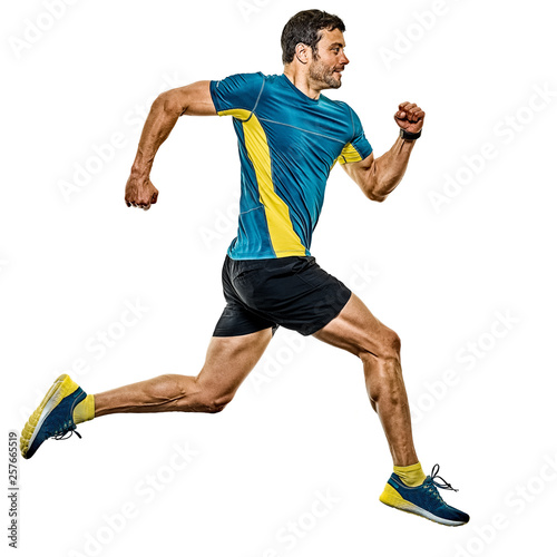Cuadros en Lienzo one caucasian handsome mature man running runner jogging jogger isolated on whit