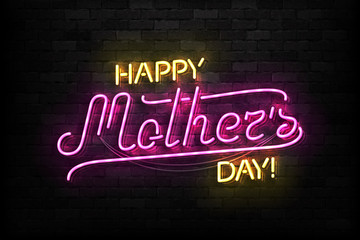 Wall Mural - vector realistic isolated neon sign of happy mothers day typography logo for template decoration and
