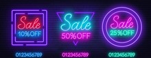 Neon Sale Signs On Brick Wall Background. Template For Discount
