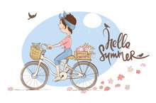 Hello Summer. Vector Illustration, Young Woman On A Bicycle.	