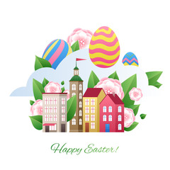 Wall Mural - Happy Easter greetings illustration with eggs and city.