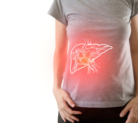 Digital composite of highlighted painful  liver of woman