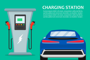 Poster - Electric car charging station with car in a flat design