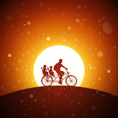 Sticker - Father with children on bicycle at red sunset. Vector conceptual illustration with silhouette of family riding bike on hill in park. Summer bright landscape with setting sun and flying fluff.
