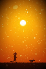 Sticker - Little girl with dog at red sunset. Vector conceptual illustration with silhouettes of running child with pet in park. Summer bright landscape with setting sun and flying fluff.