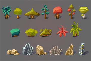 Poster - fantasy landscape elements set, plants, trees and stones, details for computers game interface vecto