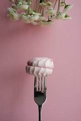 Poster - Marshmallow on a fork. Bright dessert. Pink background with empty place for text