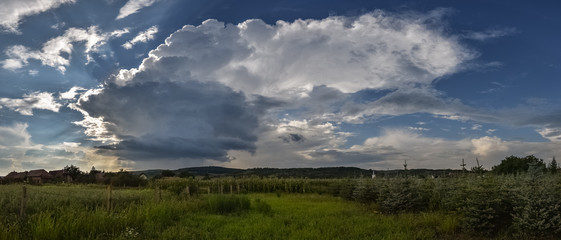 Wall Mural - panoramic view of an isolated thunderstorm with elongated anvil over the countryside of transylvania