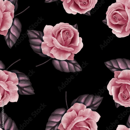 Seamless pattern with flowers and leaves. Delicate floral background with roses