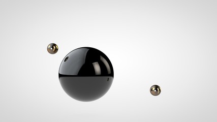 Poster - 3D illustration of a black, glossy ball surrounded by two small balls isolated on a white background. Abstract representation of geometric shapes. 3D rendering