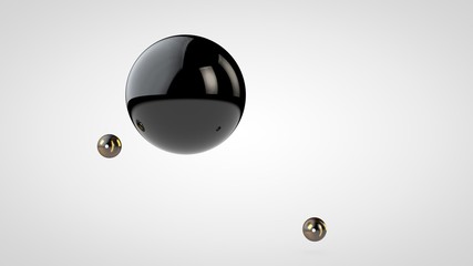Poster - 3D illustration of a black, glossy ball surrounded by two small balls isolated on a white background. Abstract representation of geometric shapes. 3D rendering