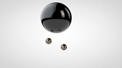 Poster - 3D illustration of a black, glossy ball surrounded by two small balls isolated on a white background. Abstract representation of geometric shapes. 3D rendering