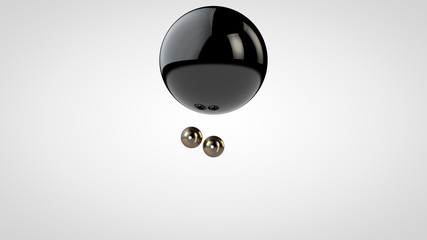 Poster - 3D illustration of a black, glossy ball surrounded by two small balls isolated on a white background. Abstract representation of geometric shapes. 3D rendering