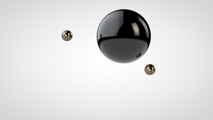 Poster - 3D illustration of a black, glossy ball surrounded by two small balls isolated on a white background. Abstract representation of geometric shapes. 3D rendering