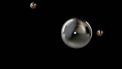Poster - 3D illustration of a silver large ball surrounded by two small gold balls isolated on a black background. Abstract representation of geometric shapes. 3D rendering