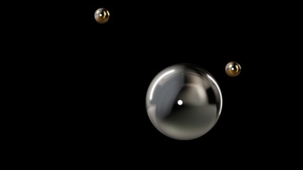 Poster - 3D illustration of a silver large ball surrounded by two small gold balls isolated on a black background. Abstract representation of geometric shapes. 3D rendering