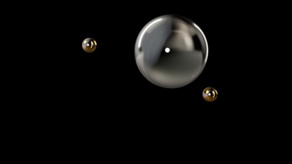 Poster - 3D illustration of a silver large ball surrounded by two small gold balls isolated on a black background. Abstract representation of geometric shapes. 3D rendering