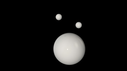 Poster - 3D illustration of a white large ball surrounded by two small white balls isolated on a black background. Abstract representation of geometric shapes. 3D rendering