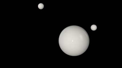 Poster - 3D illustration of a white large ball surrounded by two small white balls isolated on a black background. Abstract representation of geometric shapes. 3D rendering