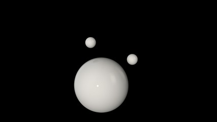 Poster - 3D illustration of a white large ball surrounded by two small white balls isolated on a black background. Abstract representation of geometric shapes. 3D rendering