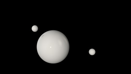Poster - 3D illustration of a white large ball surrounded by two small white balls isolated on a black background. Abstract representation of geometric shapes. 3D rendering