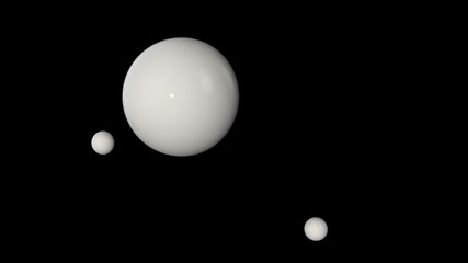 Poster - 3D illustration of a white large ball surrounded by two small white balls isolated on a black background. Abstract representation of geometric shapes. 3D rendering