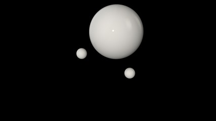 Poster - 3D illustration of a white large ball surrounded by two small white balls isolated on a black background. Abstract representation of geometric shapes. 3D rendering
